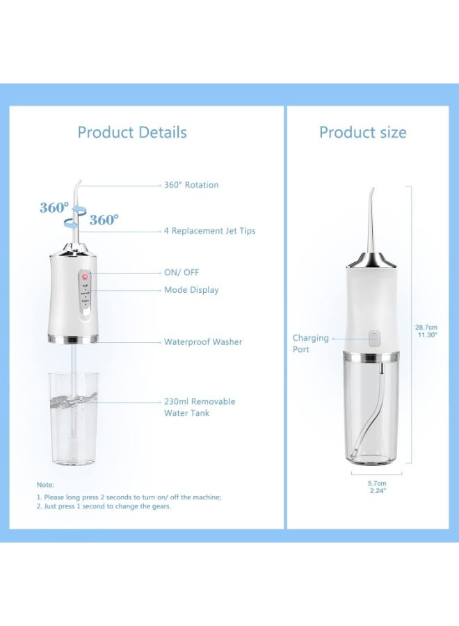Wireless Oral Irrigator, Cordless Water Dental Floss for Teeth with 3 Modes & 4 Replacement Nozzles, Interdental Cleaner Rechargeable with Removable 230 ml Water Tank for Home, Travel, Shower (White) - Image 5